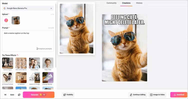Generate AI Cat & Dog Selfie Meme with AI Photo Editor: Meme Caption