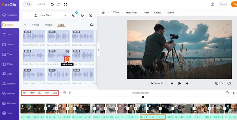 Add your clips to the timeline and align AI voices with the right video scenes