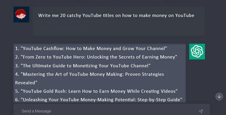 Use ChatGPT prompts to generate 20 catchy YouTube video titles