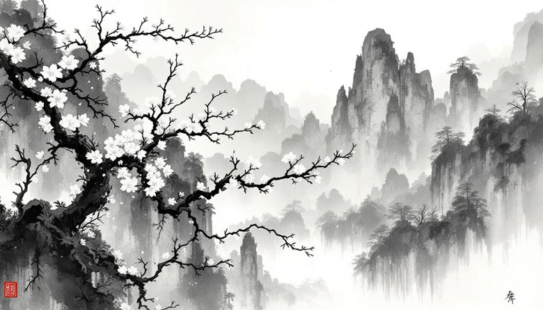 Chinese Ink Drawing Plum Blossom - Generated by FlexClip's Chinese Art Generator