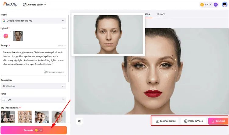 Try-on Festive Makeup from Text with FlexClip AI - Generate