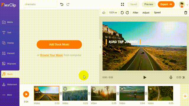 Add cinematic music to video with Flexclip