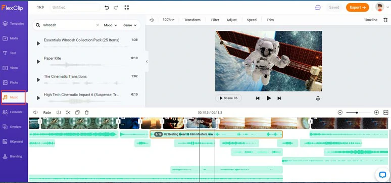 Add multiple layers of cinematic music and sound effects to the video