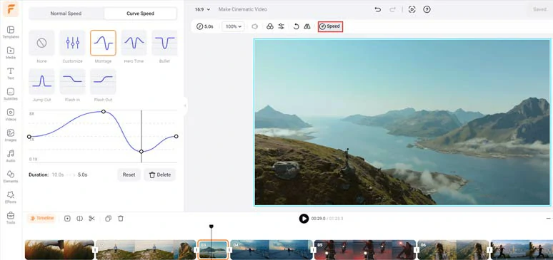 Use speed curves to slow down parts of the video to create cinematic video effects