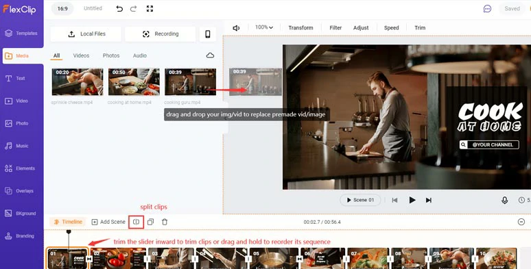 Drag and drop your footage or images to replace premade ones and trim, or split clips