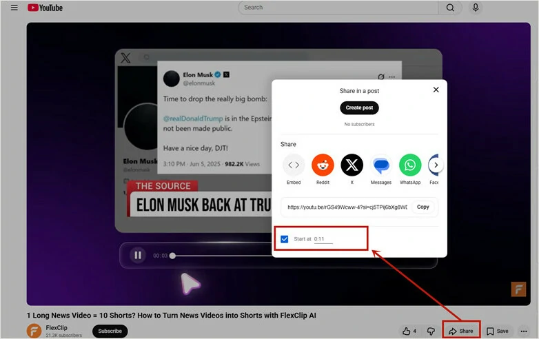 Share Clip with YouTube's Share at Timestamp Feature