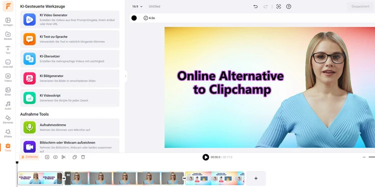 Online Clipchamp-Alternative mit KI-Tools - FlexClip