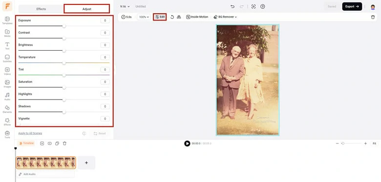 Add Image to Timeline and Access FlexClip's Color Correction Dashboard