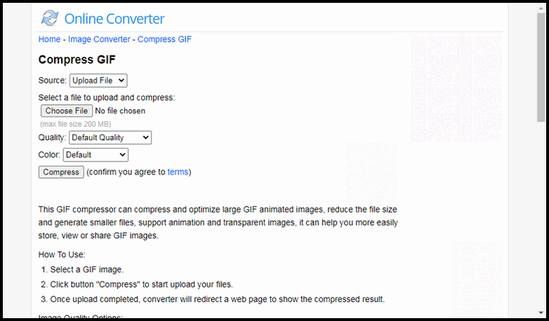 Steps to compress GIF via OnlineConverter's compressing tool.