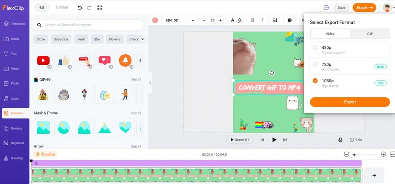 Convert GIF to MP4 with styles by FlexClip online