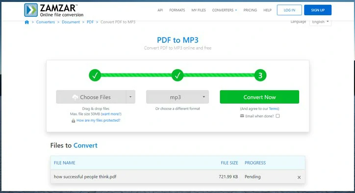 转换PDF到MP3由Zamzar在线免费