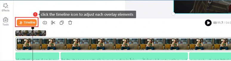 Click the timeline icon to adjust each overlay element