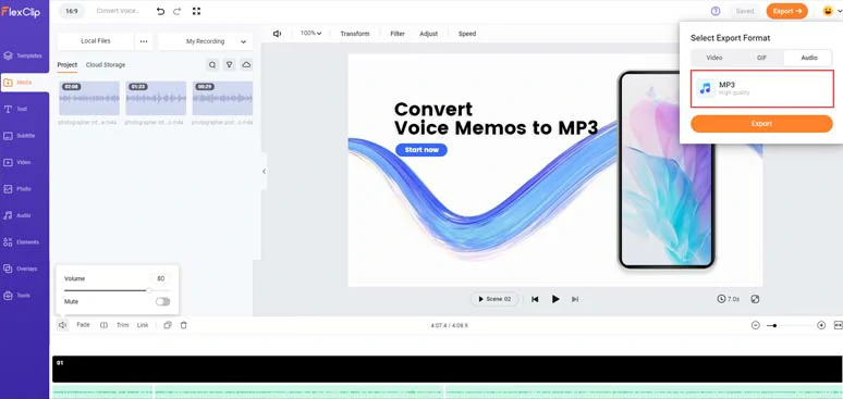 Export the edited voice memos as MP4 or MP3 for free