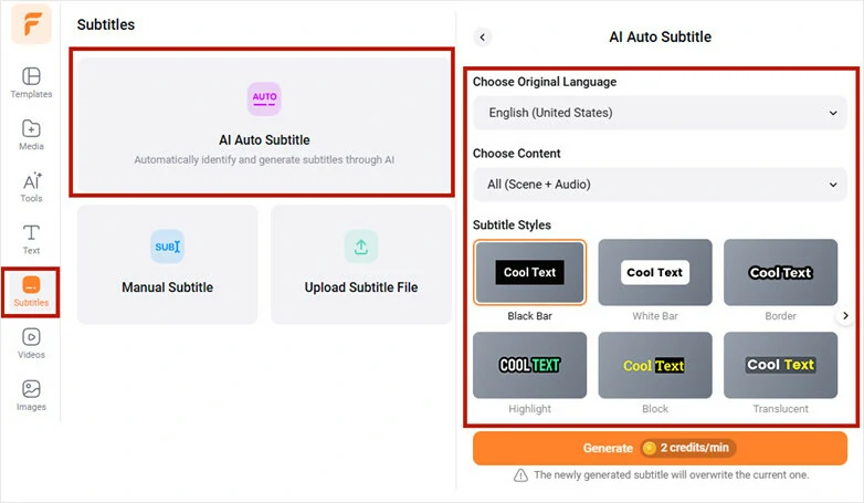 Use Auto AI Subtitle generator to automatically convert voice recording to text