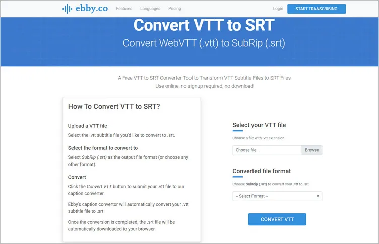 VTT to SRT Converter: Ebby.co