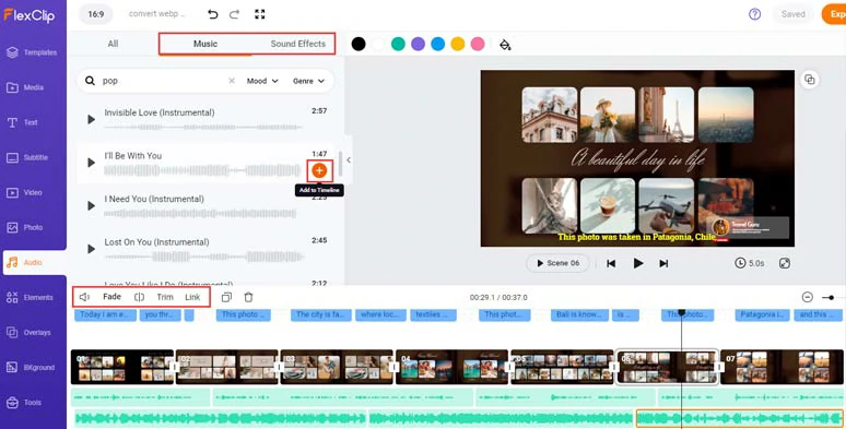 Add royalty-free music and sound effects to videos