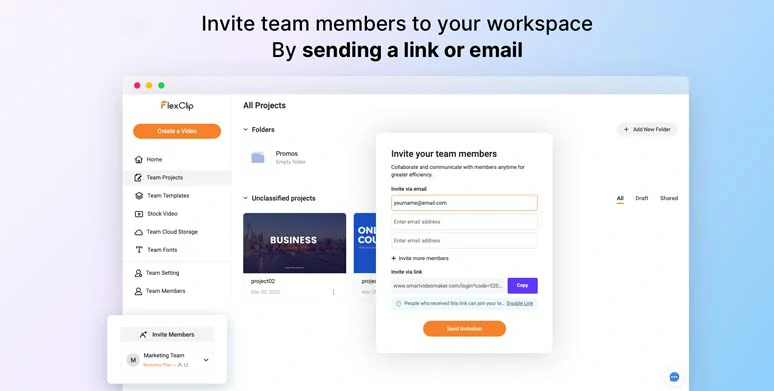 Use the team collaboration feature to team up with your colleagues or friends to finish the video projects