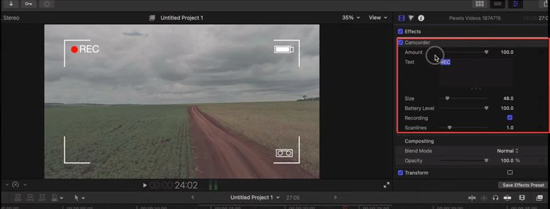 Customize the parameters of the camcorder effect in FCP