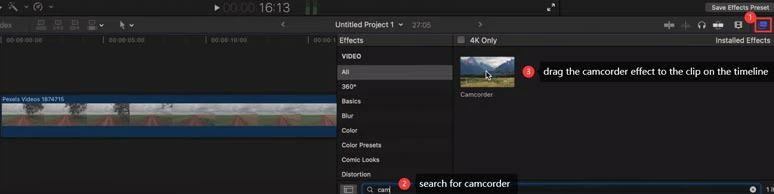 Add the camcorder effect to the clip on the timeline