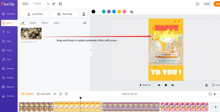 Drag and drop to replace premade videos with yours in the video templates
