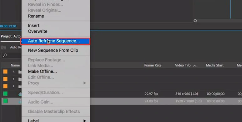 Right-click the sequence and select auto-reframe sequence to crop horizontal video to 9:16 or 4:5 for Instagram
