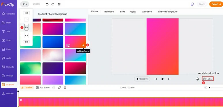 Set the video aspect ratio to 9:16 and select a gradient color background for the video