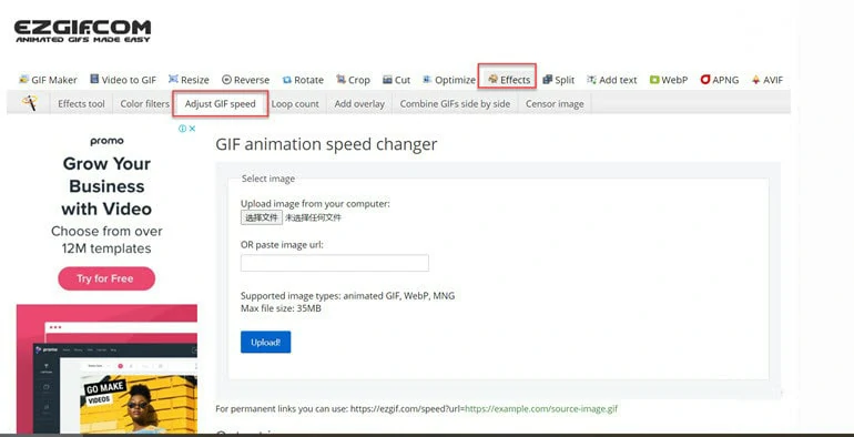 Upload the GIF File You Want to Change Speed to EZgif.com