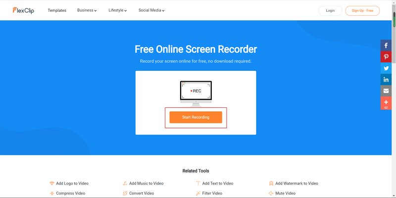 FlexClip - The mainscreen of the recording screen page