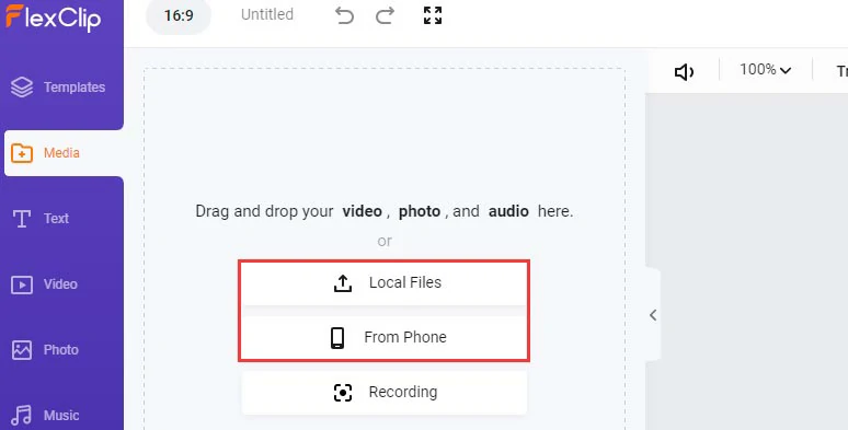 Upload your clips, images and audio files to FlexClip