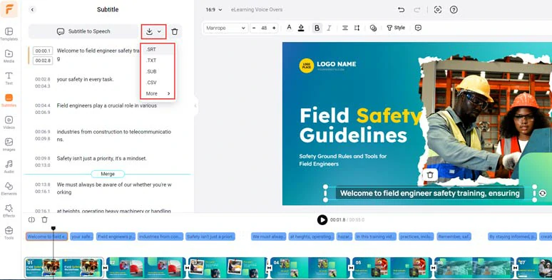 Download subtitles in SRT, TXT or other formats for repurposings