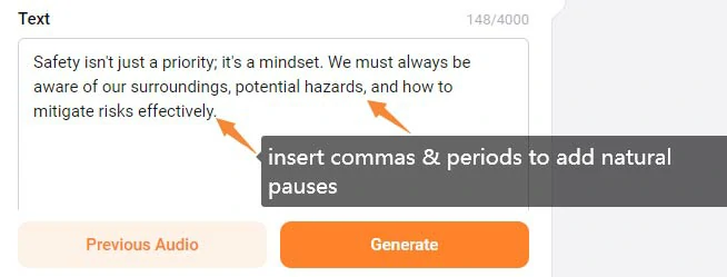 Insert commas or periods to add natural pauses to eLearning voice overs