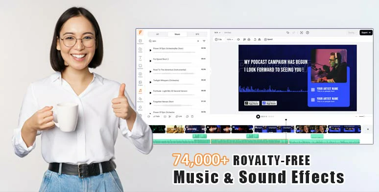 Use vast royalty-free music and sound effects for eLearning voice over audio mixing