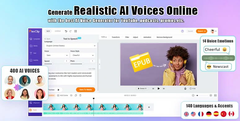 Convert EPUB to audiobooks by FlexClip AI video maker online