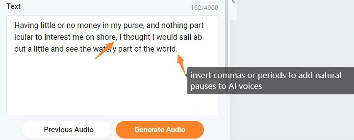 Insert commas or periods to add natural pauses to AI voices