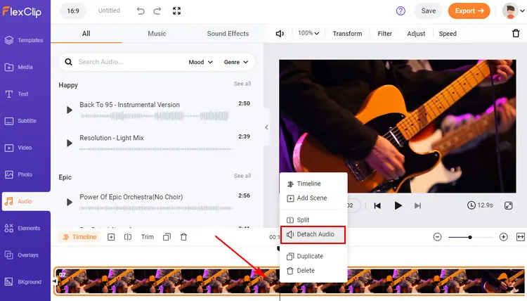 Extract Audio From YouTube Video with FlexClip - Detach Audio