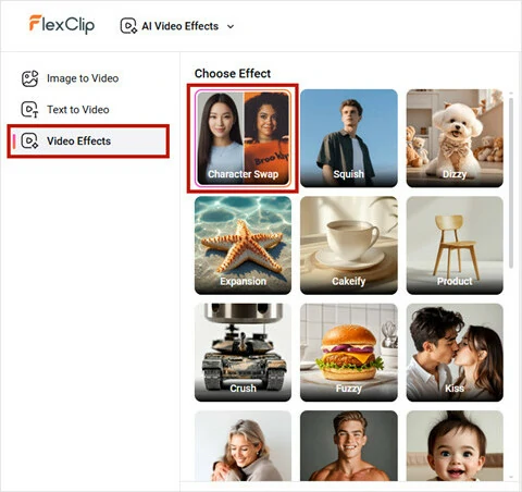 Access FlexClip's Video Effects Tool and Choose Character Swap Option