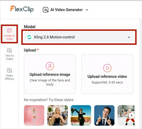 Go to FlexClip's Image-to-video Tool and Set Kling Motion Control Model