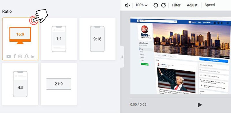Convert videos to Facebook cover video aspect ratio by FlexClip