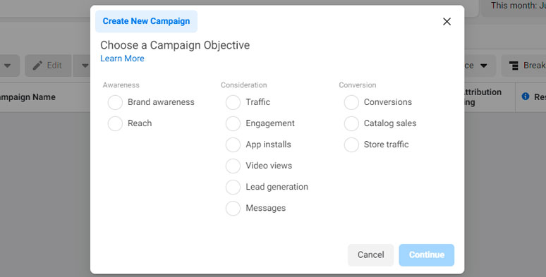 Select an objective for Facebook video ads campaign