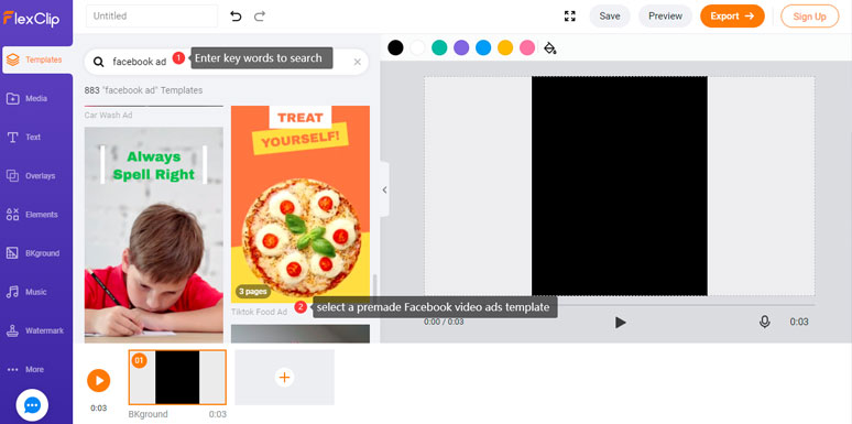 Select a pre-made Facebook video ads templates to work with