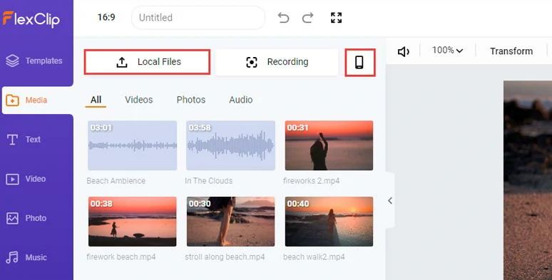 Upload clips, images, and audio files to FlexClip