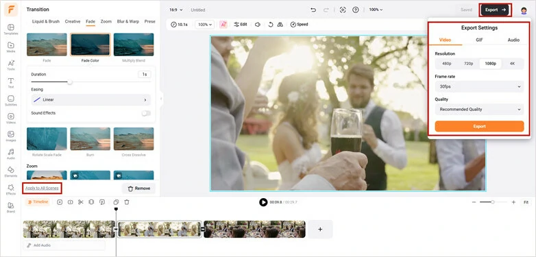 Apply Fade Effects to All Scenes and Export the Edited Video