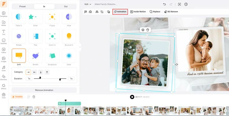 Easily animate images or videos with styles in a family slideshow