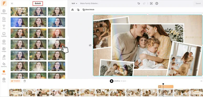 Use creative effects overlays to add a cinematic touch to your family slideshow