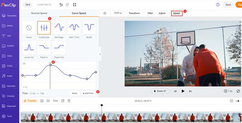 Add a new speed point and use the speed curve to create a fast forward effect in the video