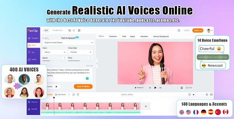Easily create realistic female AI voices with FlexClip female voice generator online