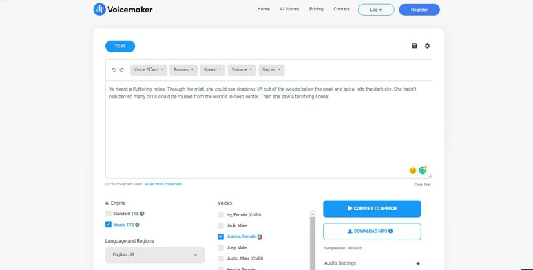 Use Voicemaker female voice generator to convert texts to female AI voices online