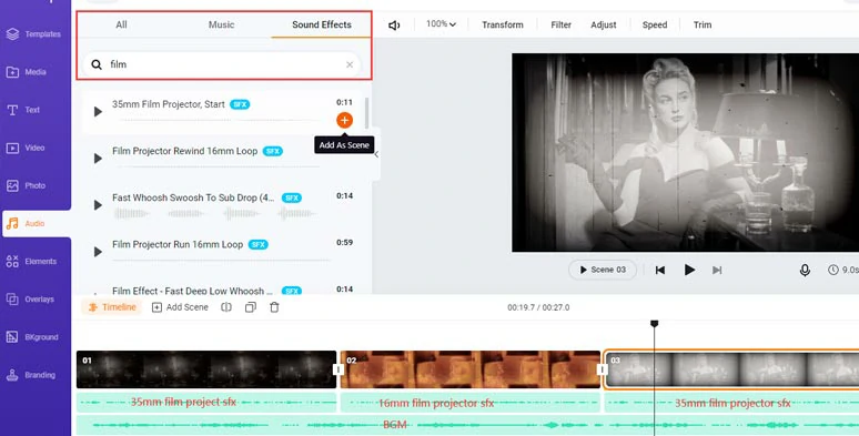 Add royalty-free 35mm and 16mm film project sound effects and BGM to the footage