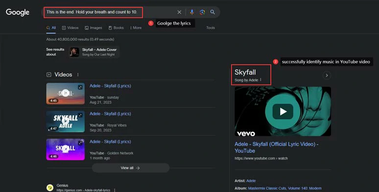 Google lyrics to successfully identify music in YouTube videos