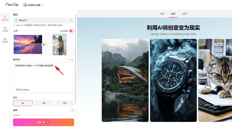 输入飞行镜头过渡描述 - FlexClip